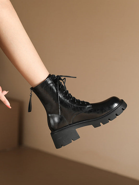 Lace-Up Round-Toe Solid Color Zipper Chunky Shoes Height Increasing Boots