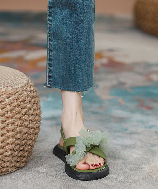 New Green Peep Toe Strap Tulle Splicing Genuine Leather Sandals