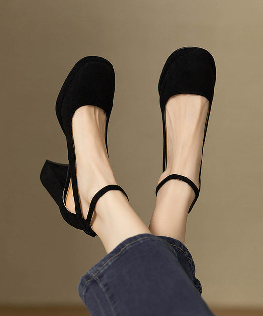 Black Suede Splicing Chunky Heel Sandals Hollow Out Buckle Strap