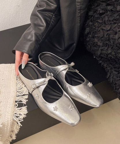 Chic Splicing Silver Faux Leather Slide Sandals Zircon