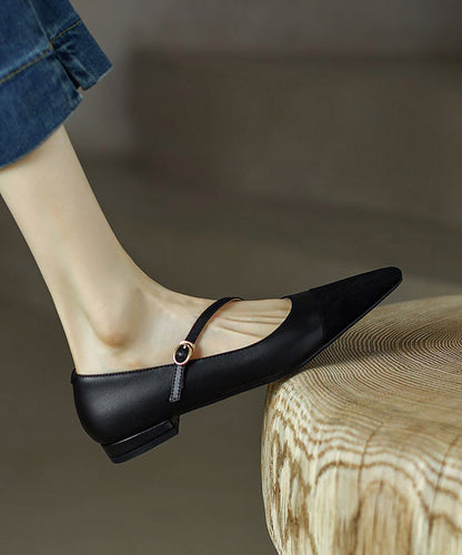 Brown Cowhide Leather Splicing French Flat Shoes Pointed Toe