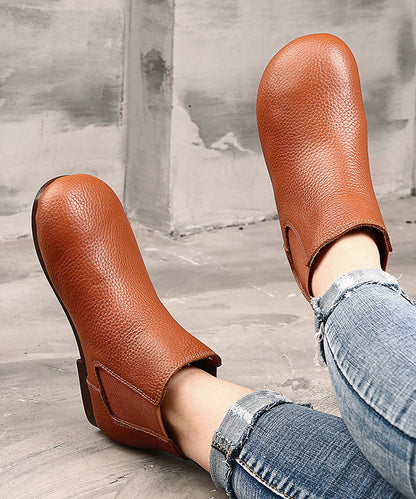 Coffee Boots Cowhide Leather Boho Warm Fleece Flat Boots