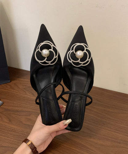 French Black Floral Splicing Slide Sandals Pointed Toe