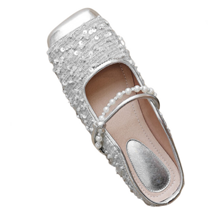 One Line Pearl Soft Soled Square Toe Mules